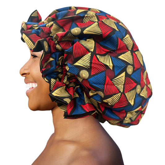 Satin Silk Double-Layered Reversible Ankara Bonnet Cap – Ruffle Edges | Stylish Hair Protection