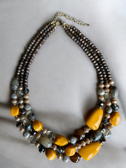 Bohemian Multi-Strand Statement Necklace - Yellow and Brown Beaded Chunky Necklace