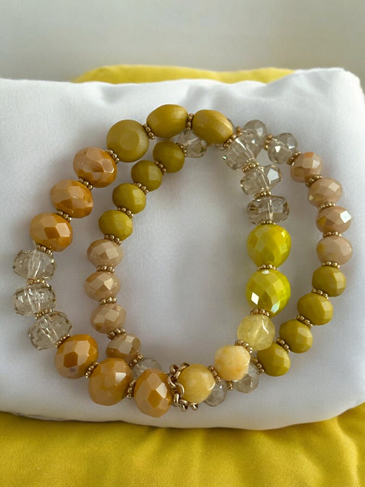 Elegant Stackable Yellow and Neutral Tones Beaded Stretch Bracelet Set