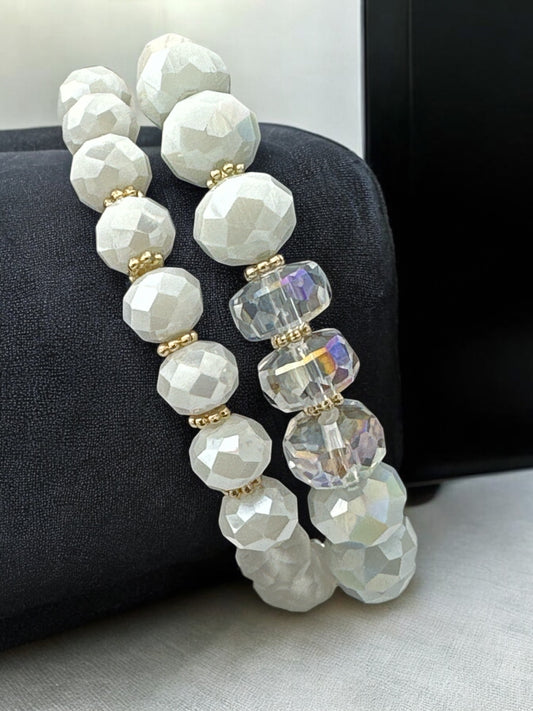 Elegant White & Crystal Faceted Beads with Gold Accents Beaded Bracelet Set