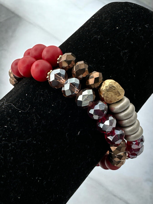 Beaded Bracelet - Red, Bronze, and Metallic Beads with Unique Hammered Gold Accent