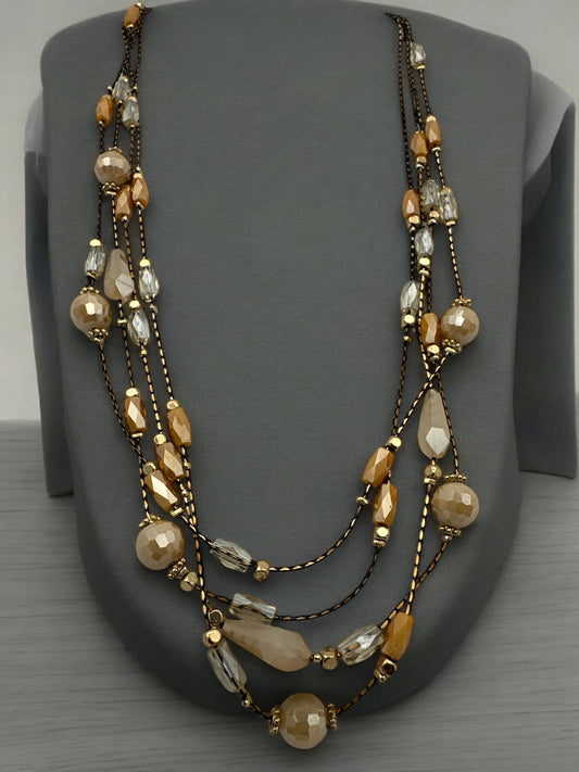 Elegant Multilayer Champagne & Crystal Beaded Necklace with Gold Accents