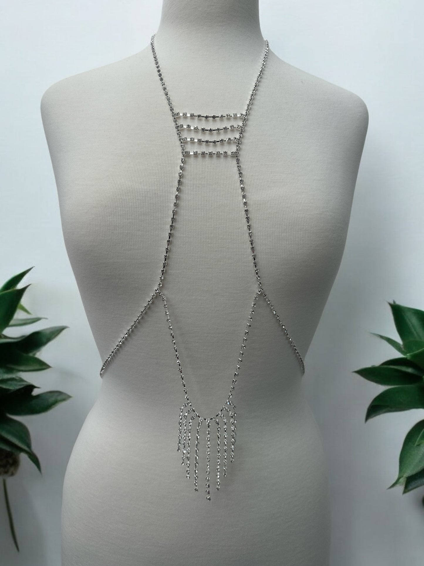 Rhinestone Body Chain Harness - Statement Body Jewellery with Fringe Detail