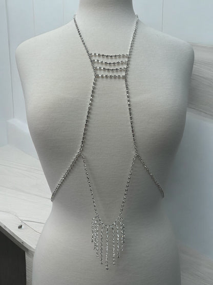 Rhinestone Body Chain Harness - Statement Body Jewellery with Fringe Detail