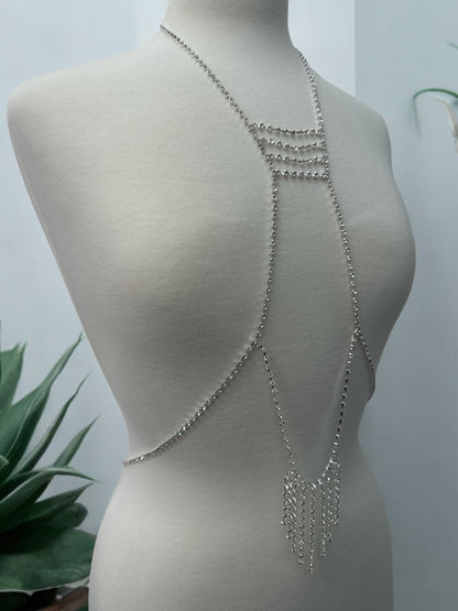 Rhinestone Body Chain Harness - Statement Body Jewellery with Fringe Detail