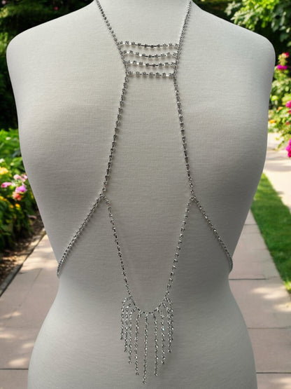 Rhinestone Body Chain Harness - Statement Body Jewellery with Fringe Detail