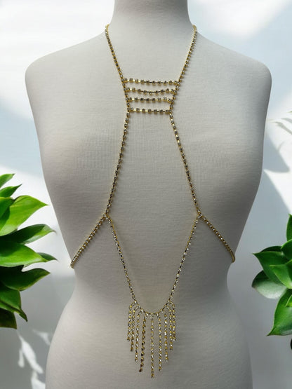 Rhinestone Body Chain Harness - Statement Body Jewellery with Fringe Detail