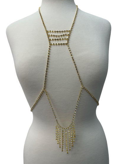 Rhinestone Body Chain Harness - Statement Body Jewellery with Fringe Detail