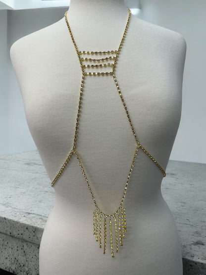 Rhinestone Body Chain Harness - Statement Body Jewellery with Fringe Detail