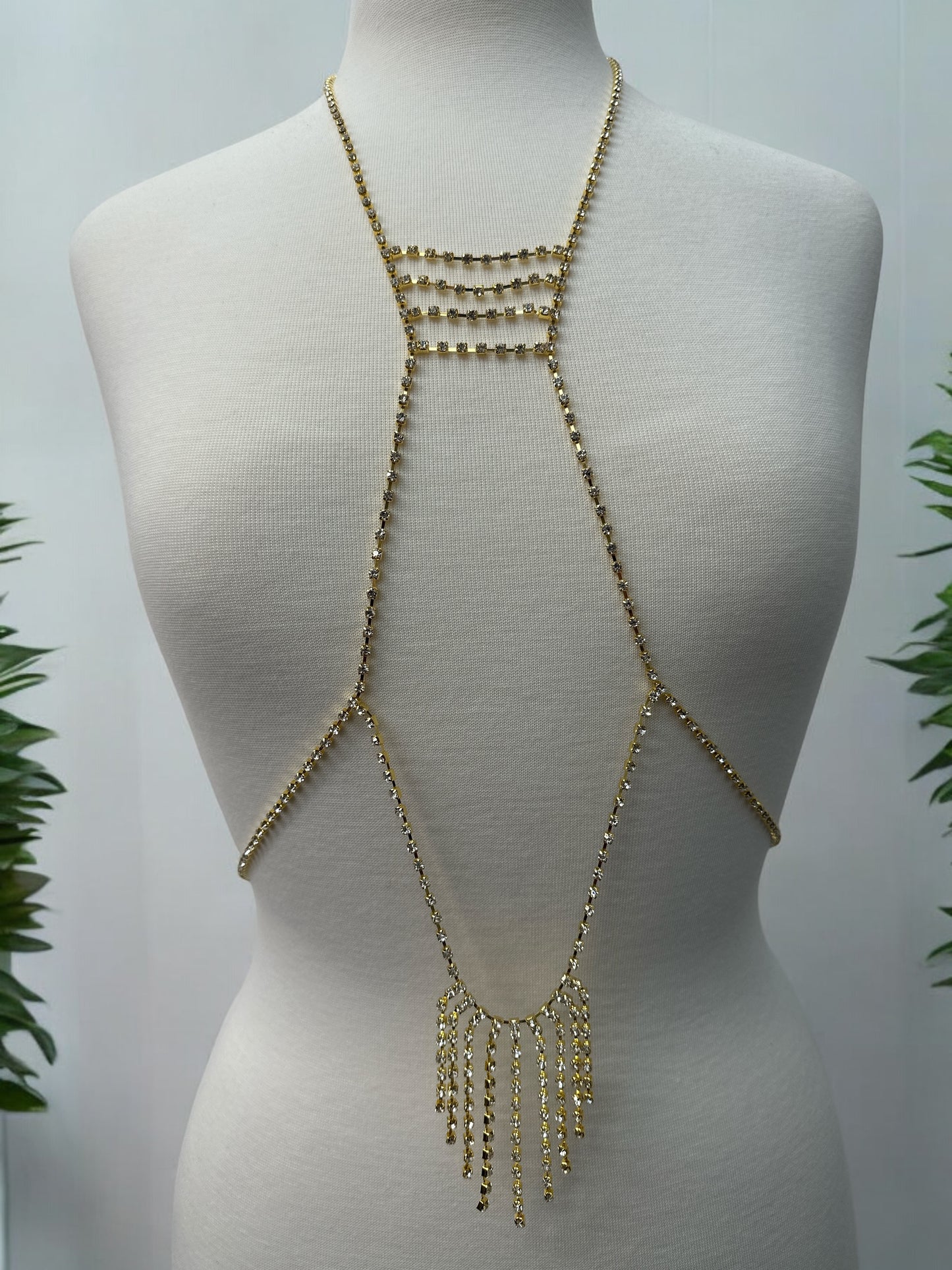 Rhinestone Body Chain Harness - Statement Body Jewellery with Fringe Detail