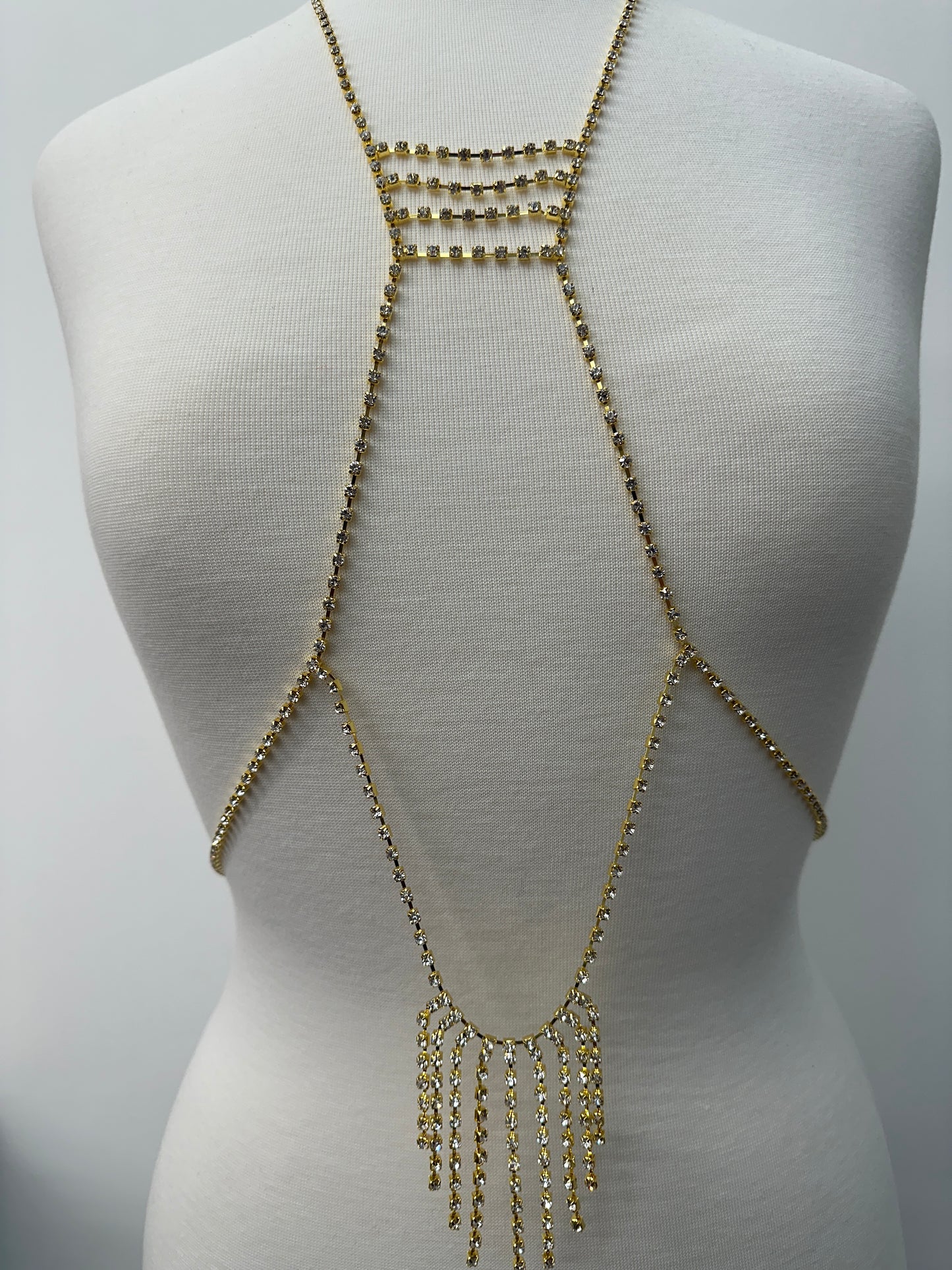 Rhinestone Body Chain Harness - Statement Body Jewellery with Fringe Detail