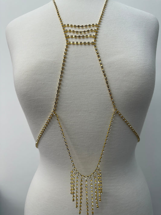 Rhinestone Body Chain Harness - Statement Body Jewellery with Fringe Detail