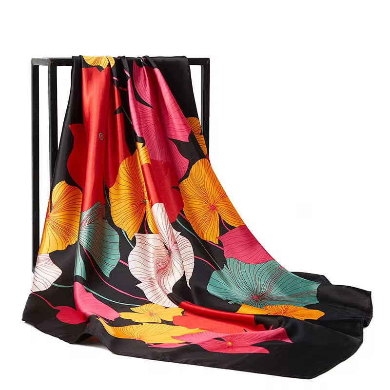 Square Satin Silk Scarf for Women - Elegant Floral Print Hair & Neck Scarf