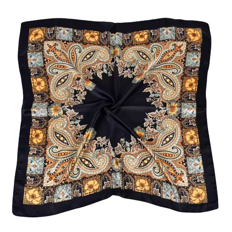 Luxury Square Satin Silk Scarf – Elegant Floral Paisley Print for Women