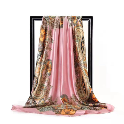 Luxury Square Satin Silk Scarf – Elegant Floral Paisley Print for Women