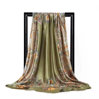 Luxury Square Satin Silk Scarf – Elegant Floral Paisley Print for Women