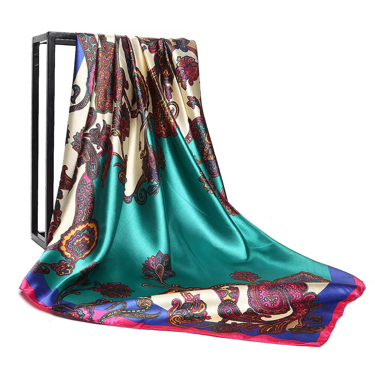 Luxury Square Satin Silk Scarf – Elegant Floral & Paisley Print for Women