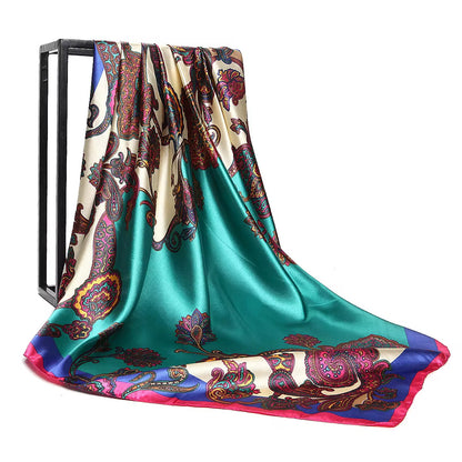 Luxury Square Satin Silk Scarf – Elegant Floral & Paisley Print for Women