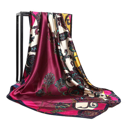 Luxury Square Satin Silk Scarf – Elegant Floral & Paisley Print for Women