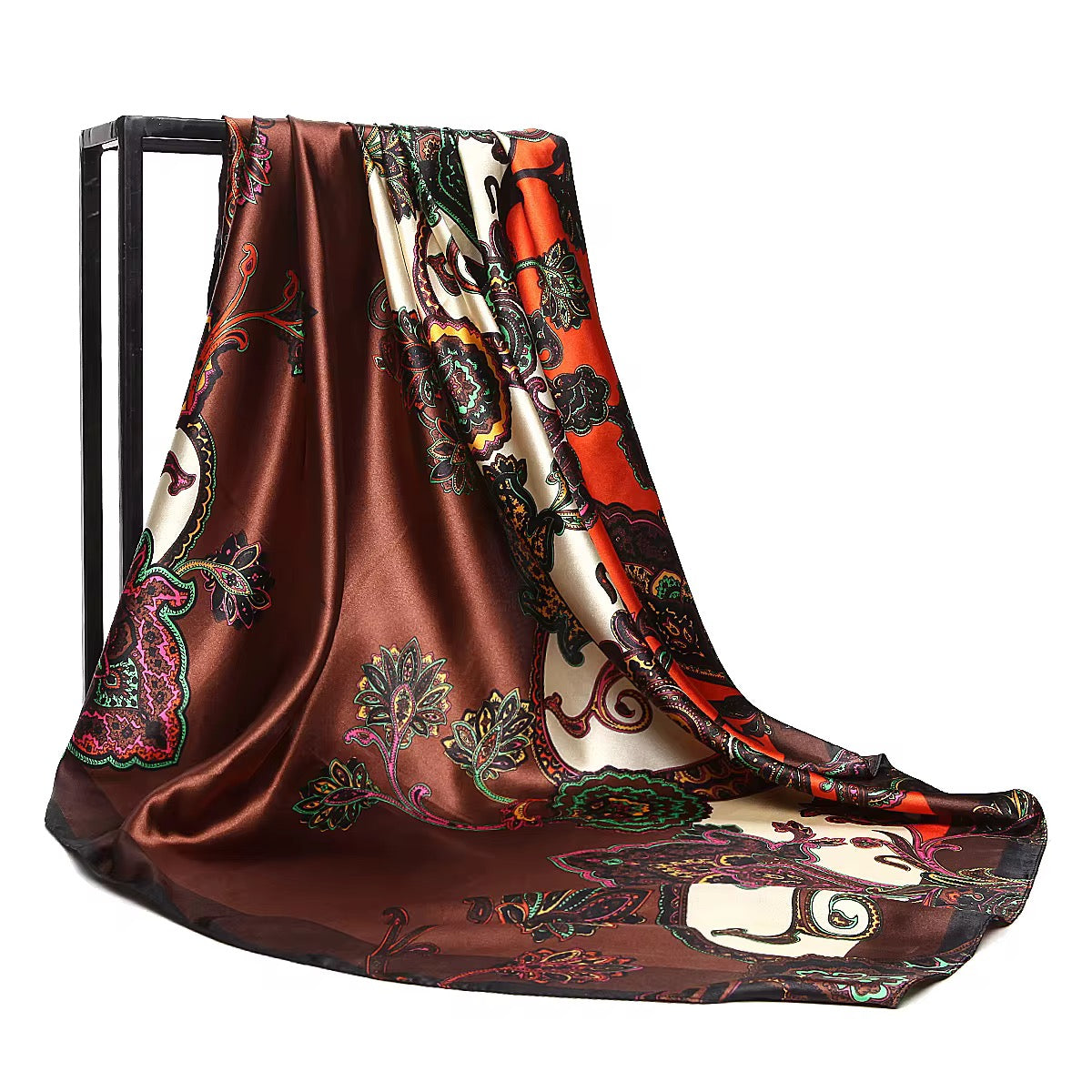 Luxury Square Satin Silk Scarf – Elegant Floral & Paisley Print for Women