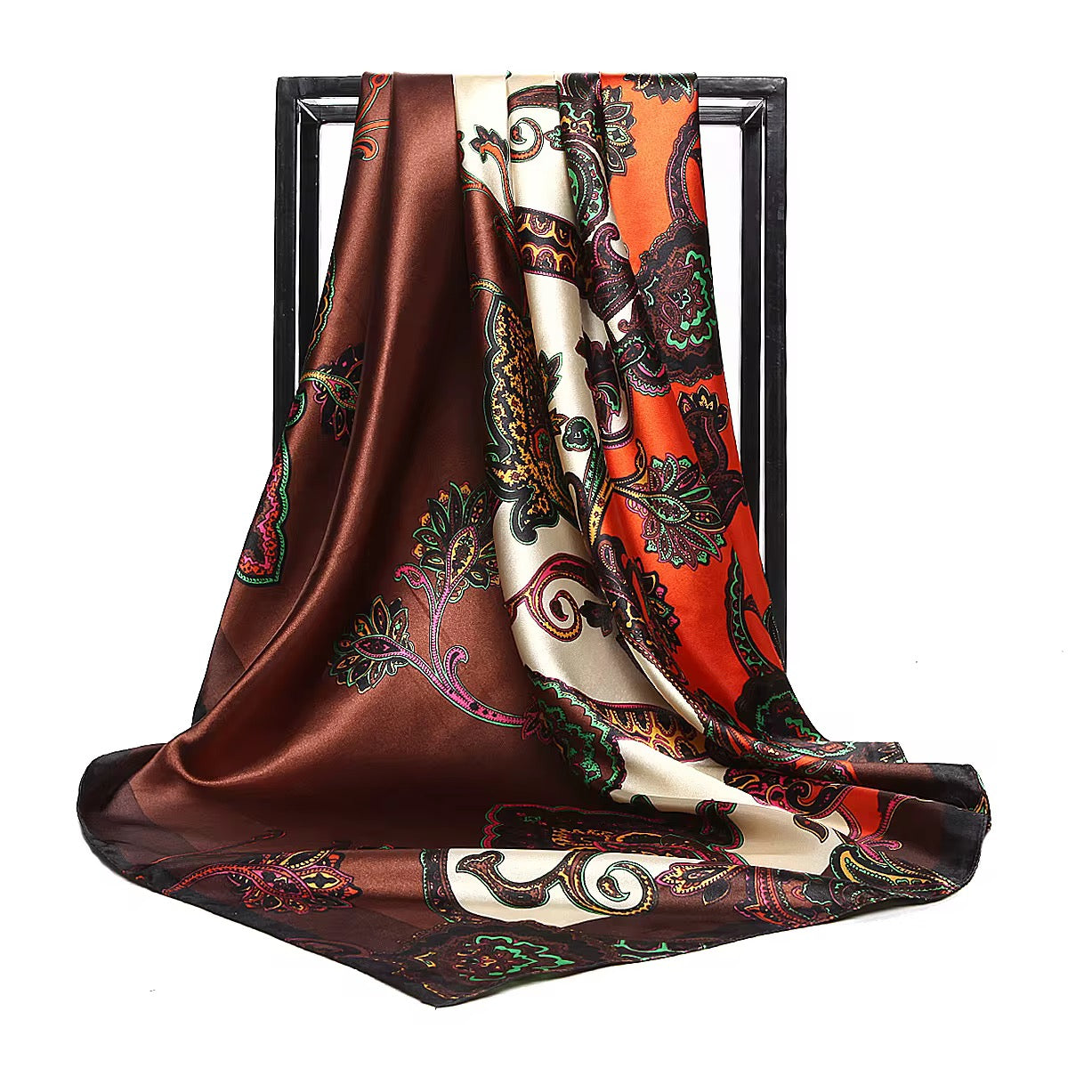 Luxury Square Satin Silk Scarf – Elegant Floral & Paisley Print for Women