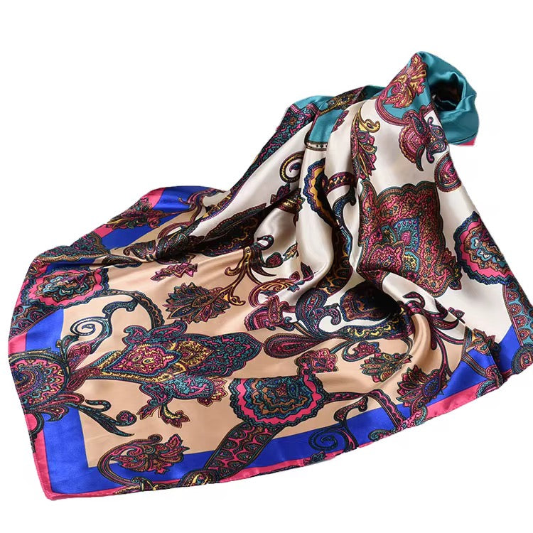 Luxury Square Satin Silk Scarf – Elegant Floral & Paisley Print for Women