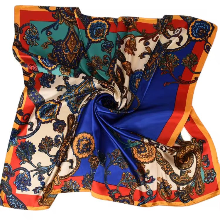 Luxury Square Satin Silk Scarf – Elegant Floral & Paisley Print for Women