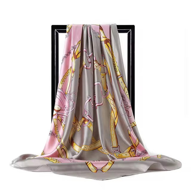 Luxury Square Satin Silk Scarf – Elegant Chain & Buckle Print for Women