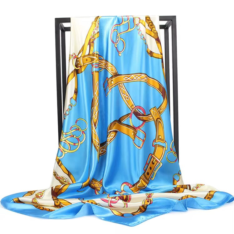 Luxury Square Satin Silk Scarf – Elegant Chain & Buckle Print for Women