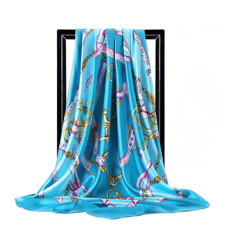 Luxury Square Satin Silk Scarf – Elegant Chain & Buckle Print for Women