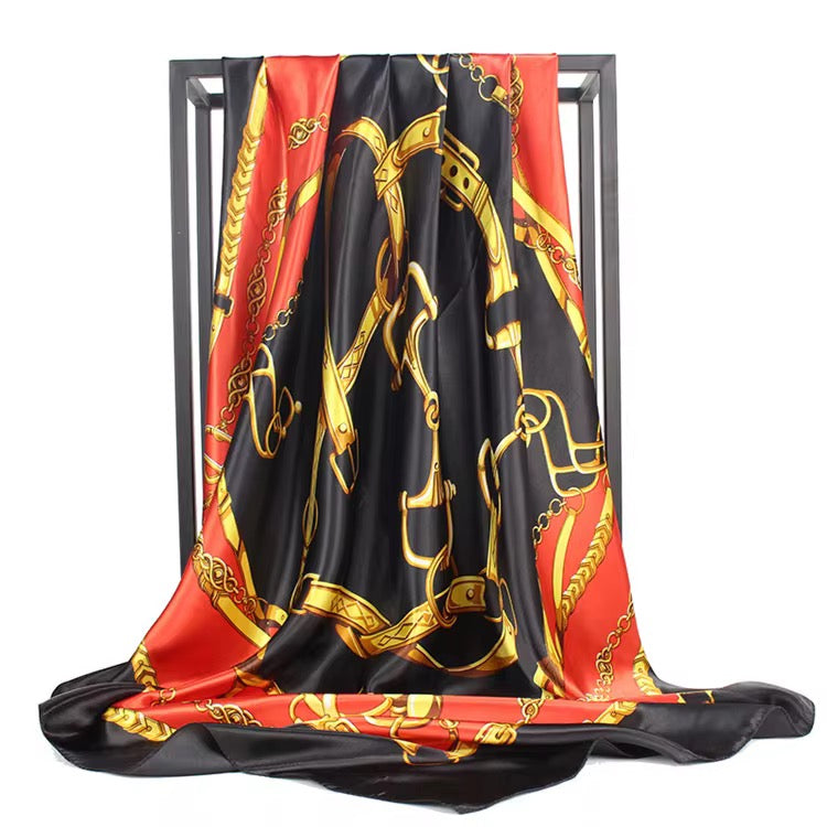 Luxury Square Satin Silk Scarf – Elegant Chain & Buckle Print for Women