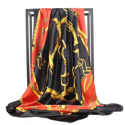 Luxury Square Satin Silk Scarf – Elegant Chain & Buckle Print for Women