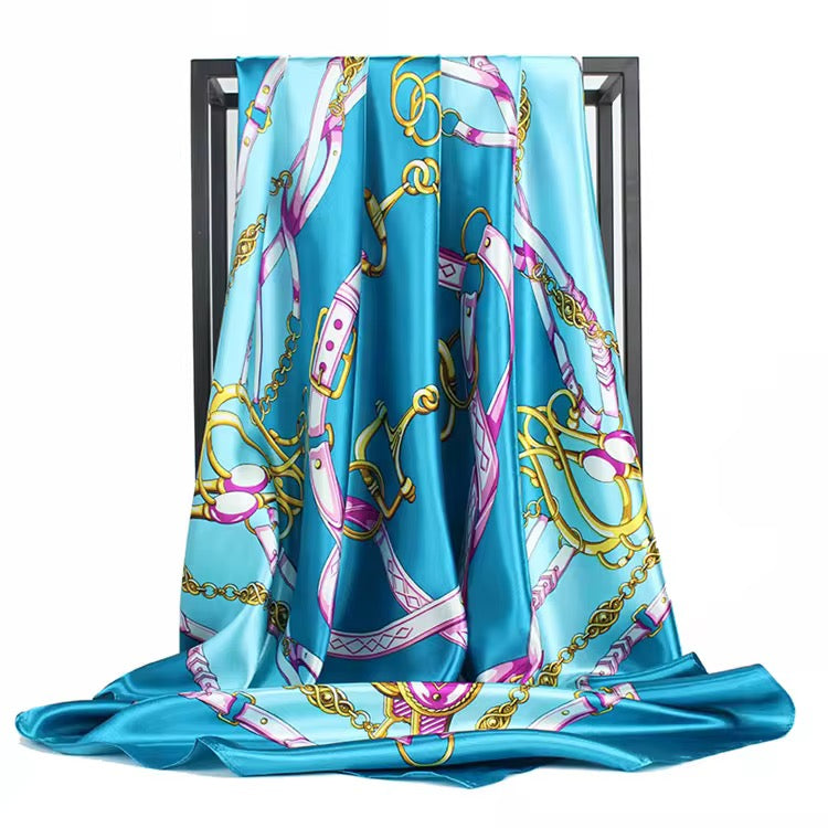 Luxury Square Satin Silk Scarf – Elegant Chain & Buckle Print for Women