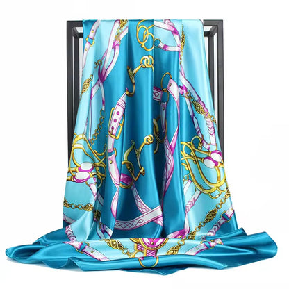 Luxury Square Satin Silk Scarf – Elegant Chain & Buckle Print for Women