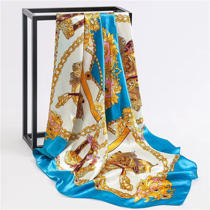 Luxury Square Satin Silk Scarf – Elegant Equestrian Print for Women