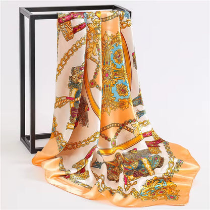 Luxury Square Satin Silk Scarf – Elegant Equestrian Print for Women