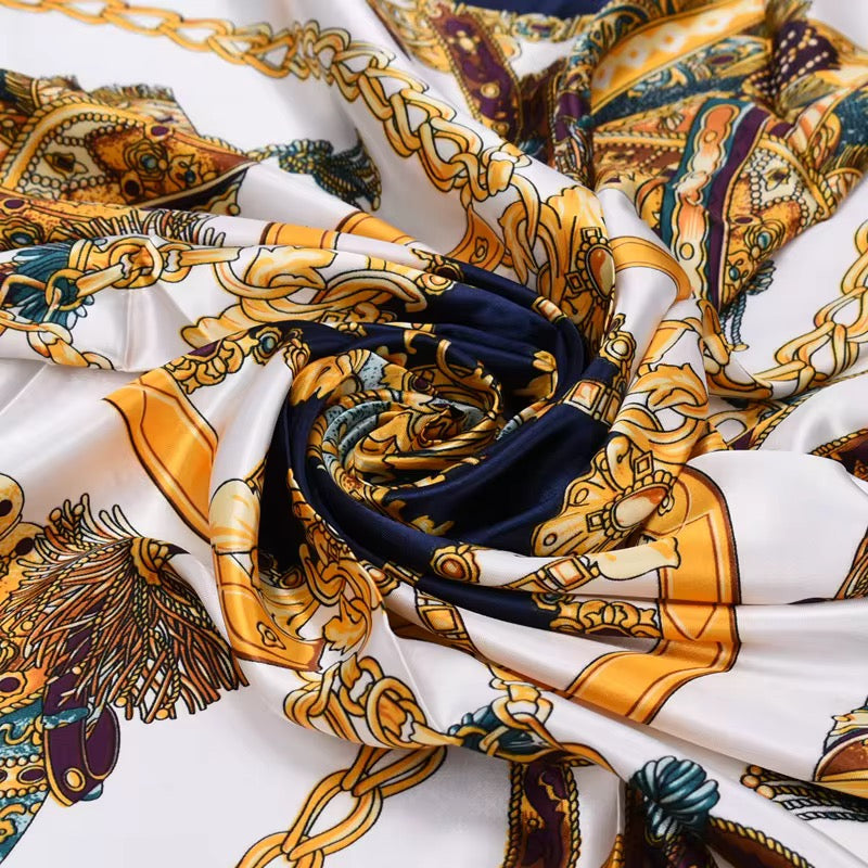 Luxury Square Satin Silk Scarf – Elegant Equestrian Print for Women