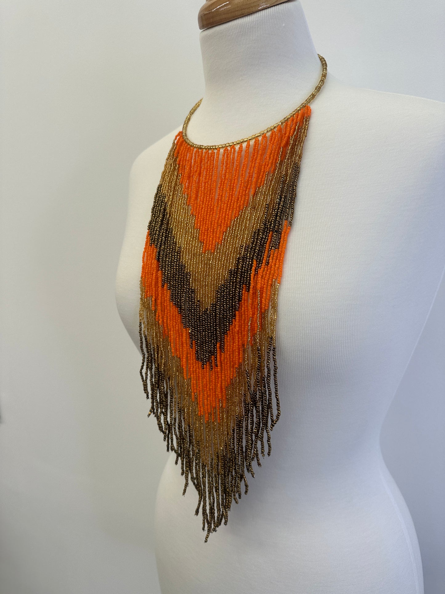 African Authentic Long Orange Beaded Fringe Tassels Necklace Pendant