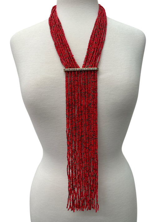 Handmade Red Multi-Strand Beaded Necklace - Elegant Boho Fringe Necklace