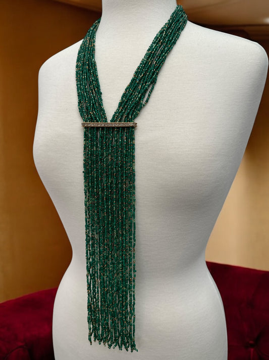 Handmade Green Multi-Strand Beaded Necklace - Elegant Boho Fringe Necklace