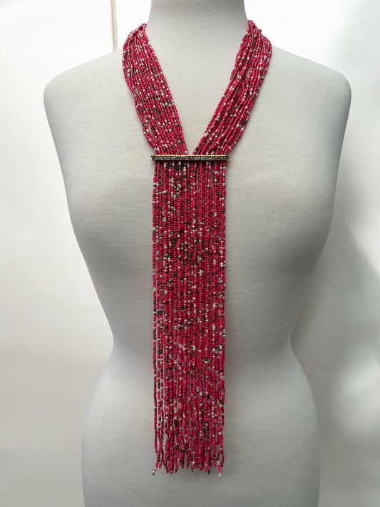 Handmade Pink Multi-Strand Beaded Necklace - Elegant Boho Fringe Necklace