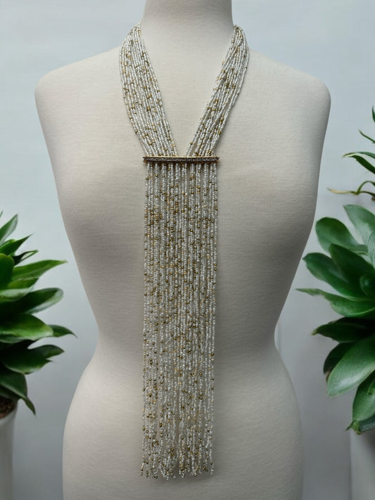 Handmade Beige Multi-Strand Beaded Necklace - Elegant Boho Fringe Necklace