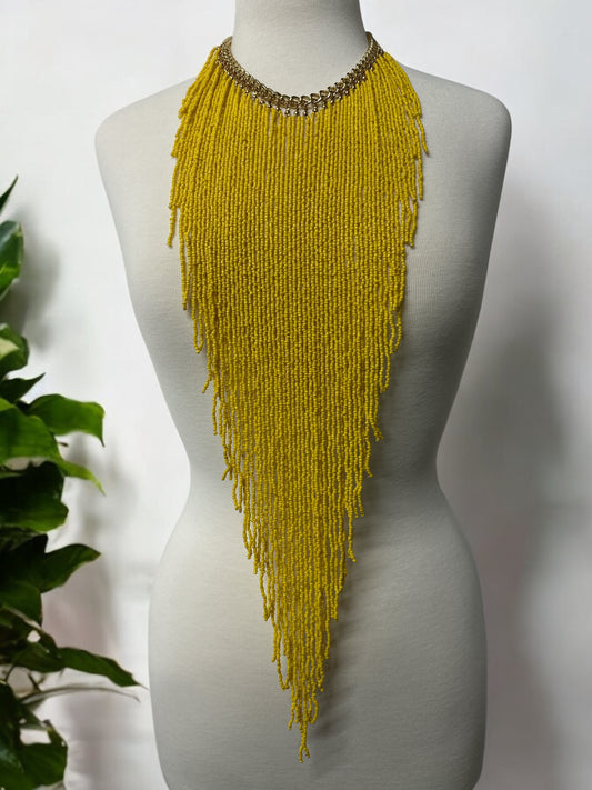 Handmade Long Bohemian Yellow Multi-Strand Beaded Fringe Statement Necklace