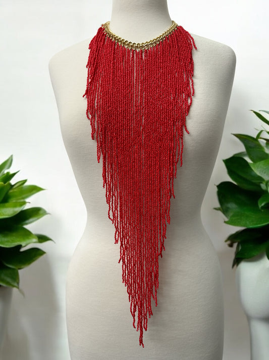 Handmade Long Bohemian Red Multi-Strand Beaded Fringe Statement Necklace