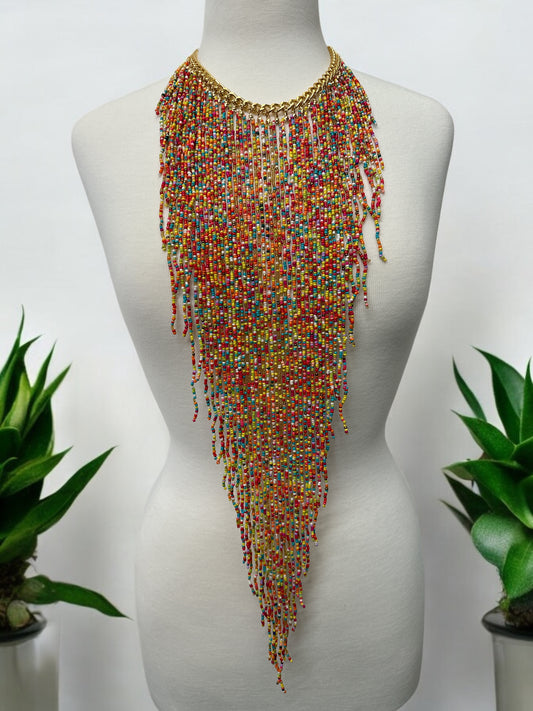 Handmade Long Bohemian Multicoloured Multi-Strand Beaded Fringe Statement Necklace