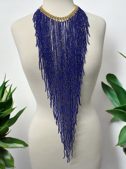 Handmade Long Bohemian Blue Multi-Strand Beaded Fringe Statement Necklace