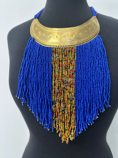 Authentic African Blue Beaded Ethnic Tassels Fringe Brass Pendant Necklace