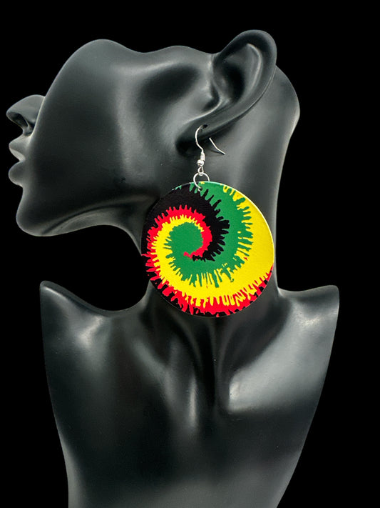 Double-Sided Wooden Spiral Dangle Earrings - Rasta Colours Statement Earrings (Red, Green, Yellow)