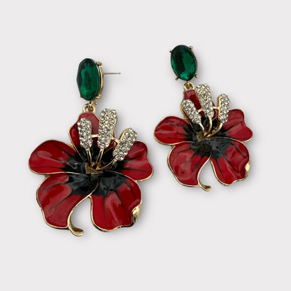 Bold Red Flower Drop Statement Earrings with Crystal Accents