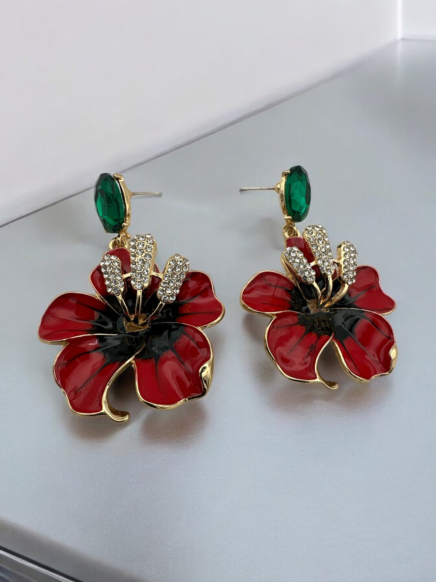 Bold Red Flower Drop Statement Earrings with Crystal Accents